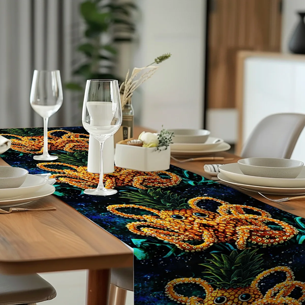 print table runner Pineapple Octopus Psychedelic Style Tablecloth Ideal for Kitchen,Dining,Coffee Table,side tables,Holiday Home