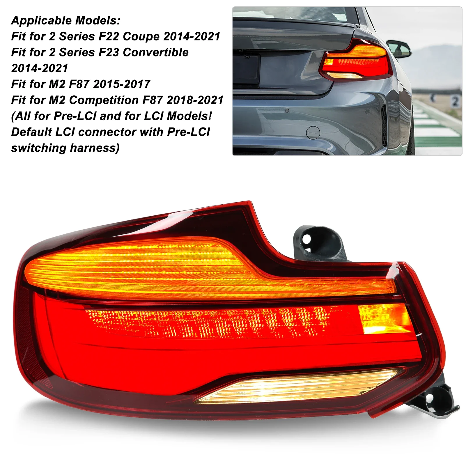 For BMW 2 Series F22 F23 M2 F87 M2C 2014‑2021 Pair Red LED Tail Light Lamp High Brightness Clear PMMA Lens Waterproof