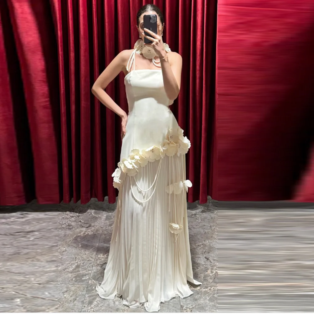 

Customized Dubai Jersey Applique Prom Dress Flowers A-line Strapless Long Evening Dresses Bespoke Occasion Sleeveless