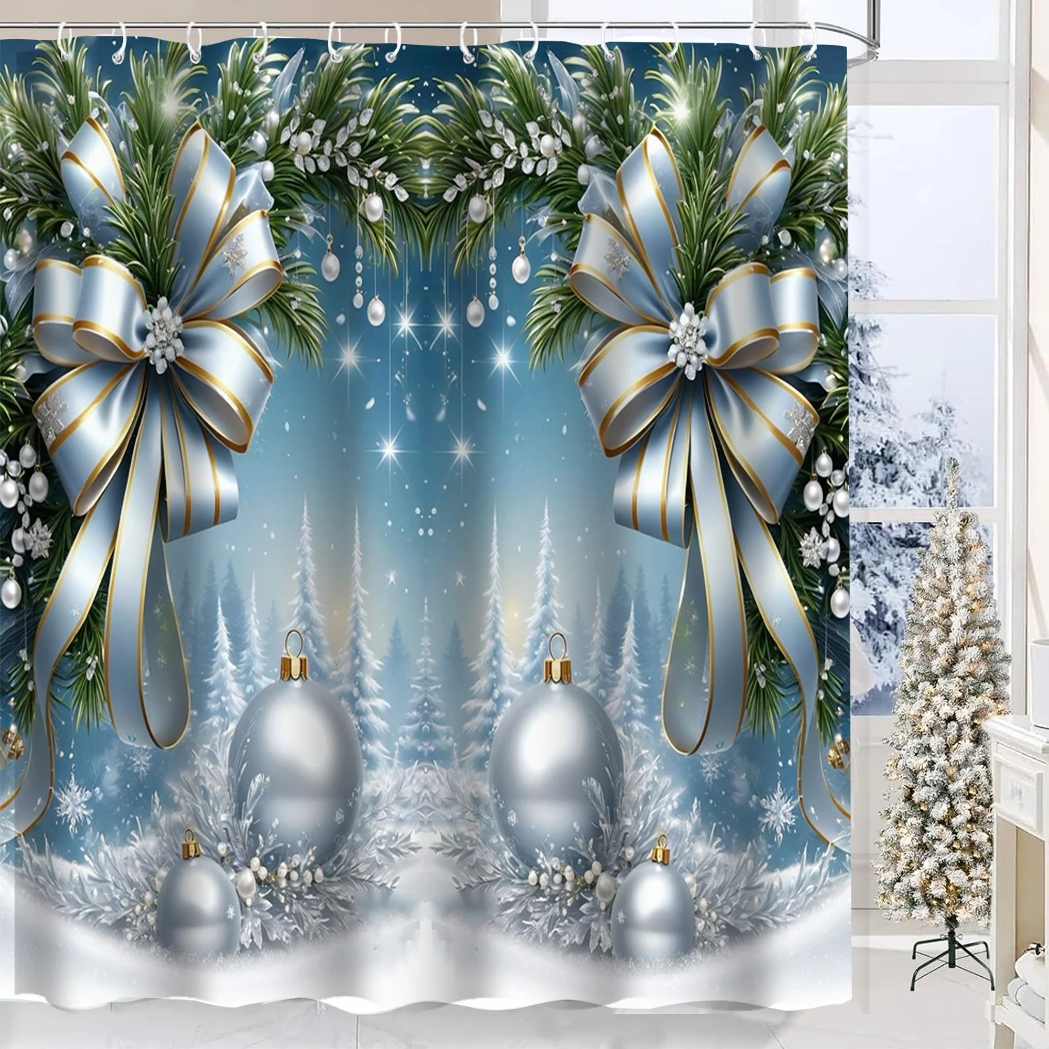 

Christmas Festival decorations Snowman Pattern Bathroom Shower Curtain With 12 Hooks Home bathroom decor and accessories