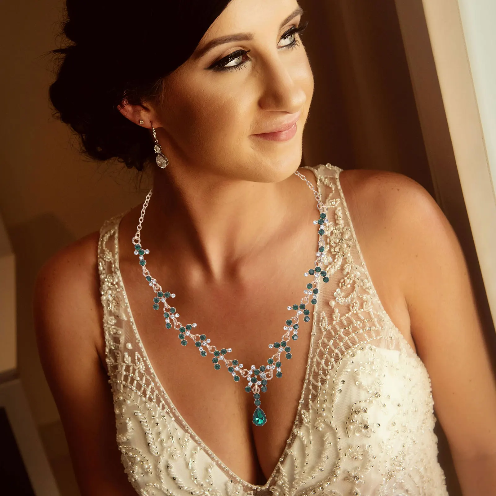 

1Set Ear Ring and Neck Laces Set Stylish Women Fashion Bride Jewelry Rhinestone Party Accessories Gift for Her Green