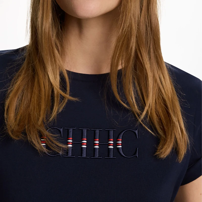 CH Embroidered Letter Short Sleeve T Shirt Women Crew Neck Regular Fit Sporty Casual Breathable Fabric Daily Tops view 3