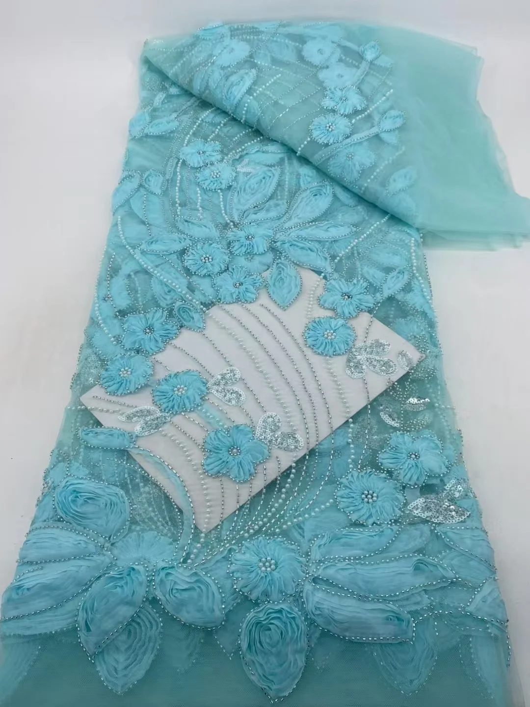 

White Beads Net Lace Luxury Beaded Sequence Mesh Lace Fabric With Pearls African Tulle Net Fabric For Wedding Dress