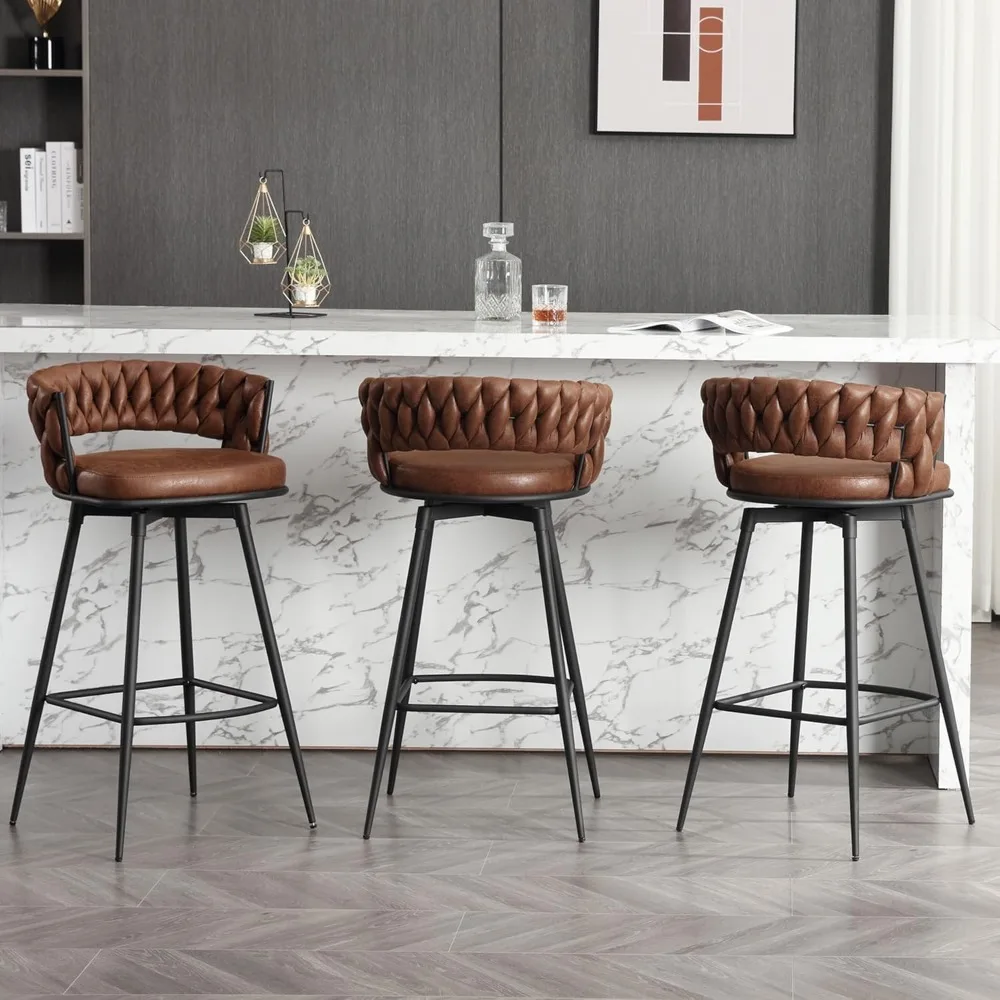 

30inch Bar Stools Set of 3, Modern Bar Height Bar Stools, 180° Swivel Suede Fabric Stool Chairs with Woven Back and Footrest fo