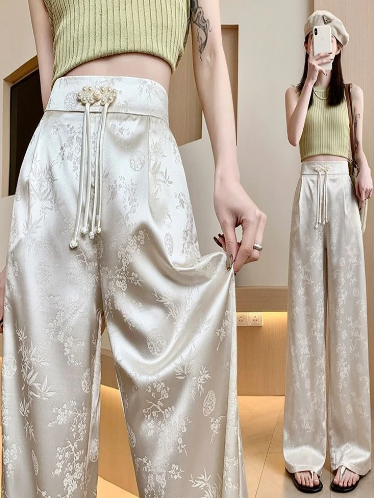 New Chinese Style Plate Buckle Satin Jacquard Wide Leg Pants for Women Spring and Summer New High Waisted Slimming Casual Pants
