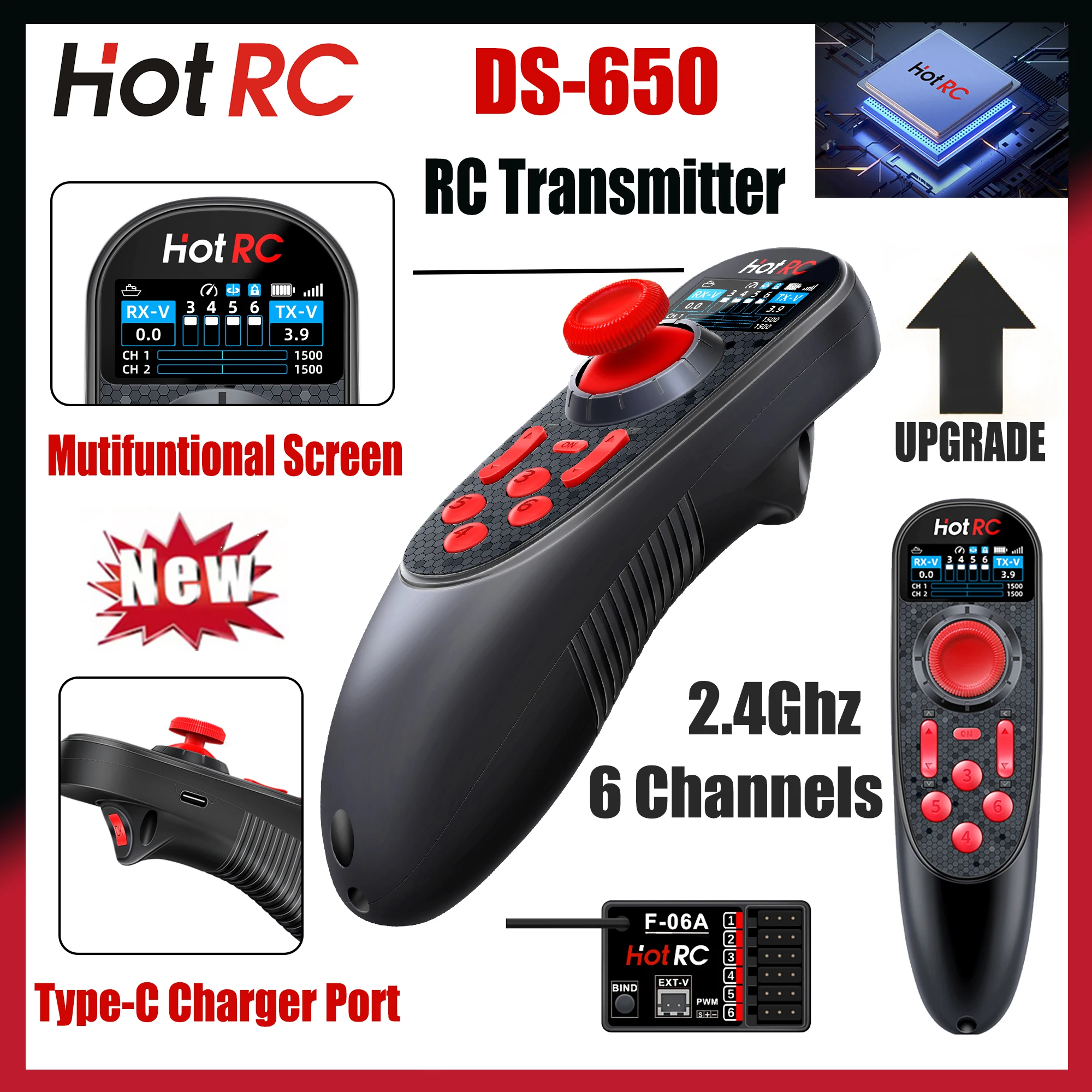 

HOTRC DS-650 6CH 2,4G радиосистема передатчик многофункциональный цветной экран пульт дистанционного управления F-06A приемник для модели радиоуправляемой лодки