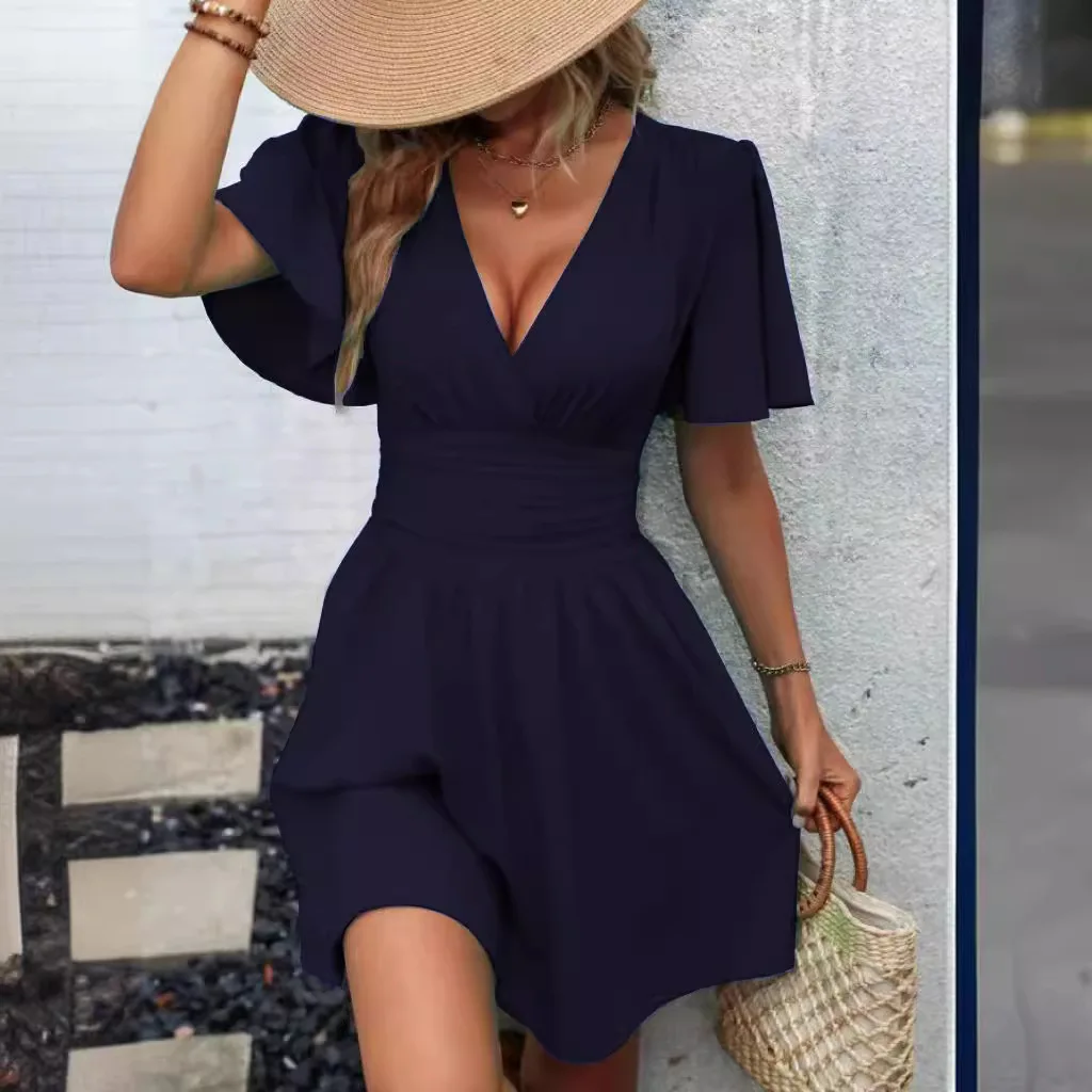 

Vestidos Formales Mujer, элегантное однотонное праздничное платье, весна-лето, богемная модная женская юбка трапециевидной формы с короткими рукавами и поясом