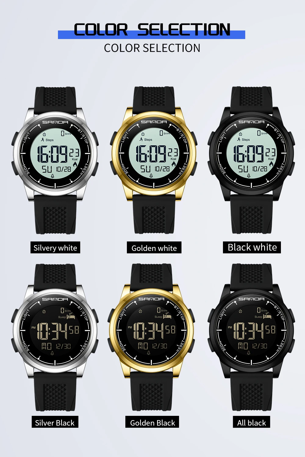 SANDA جديد 9064 المألوف طالب السعرات الحرارية متر خطوة ساعة إلكترونية متعددة الوظائف إضاءة مقاومة للماء ساعة إلكترونية للرجال