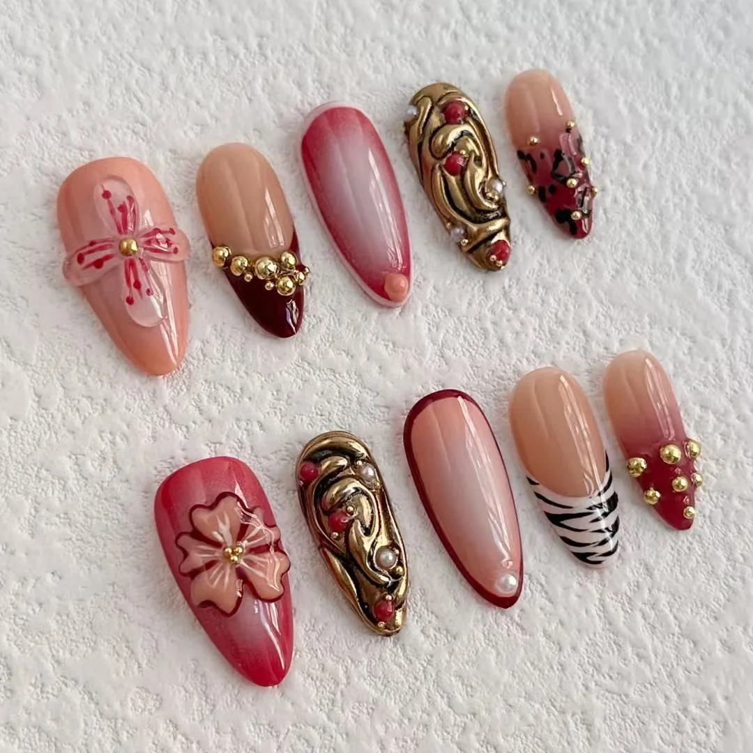 New Full Cover Reusable 10Pcs Handmade Artificial Press on Nails Girls 3D Style Almond Nail Art Salon with Set