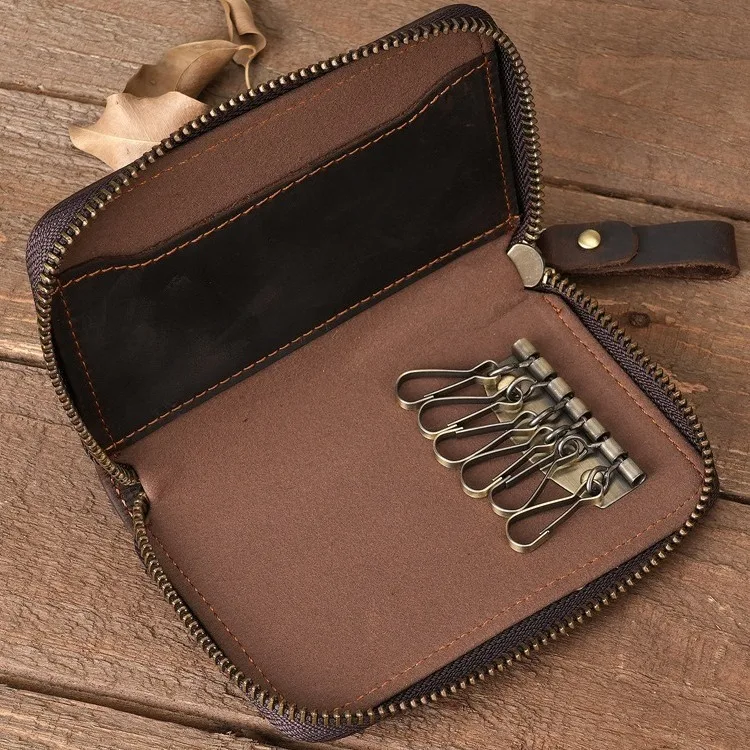 1134 Unisex household leather key bag with waist hanging, large capacity Crazy Horse leather key bag, retro card bag