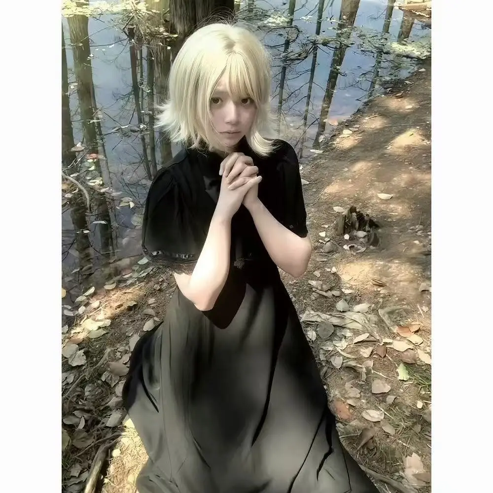 Abito Lolita in stile gotico nero da donna Gonna lunga con bordo in pizzo stile francese Ragazze vintage Halloween Street Cosplay Abbigliamento femminile