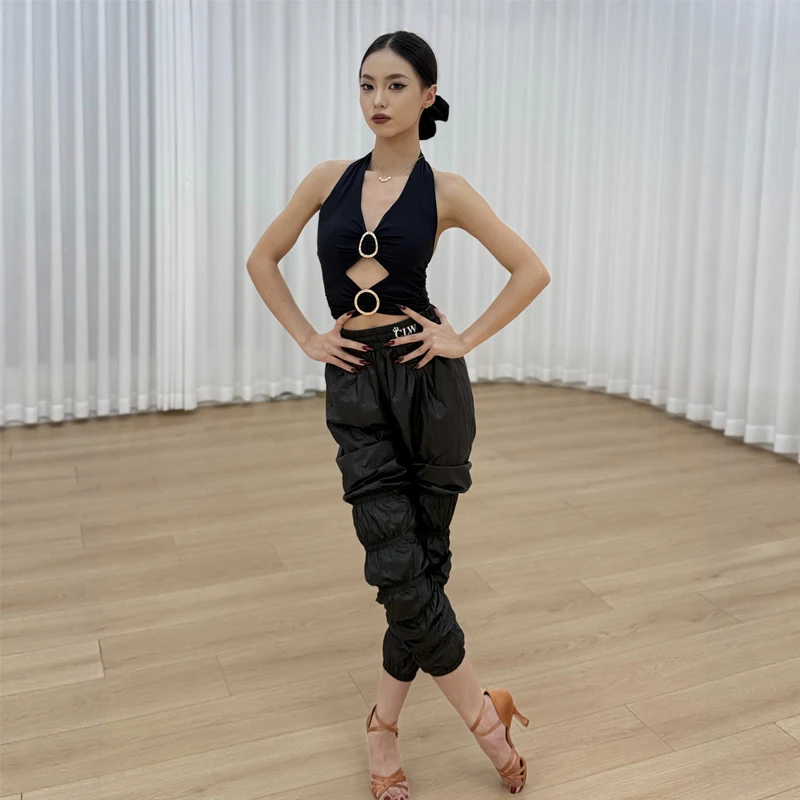 Women Latin Dance Performance Clothes For Adults Rumba Latin Dance Costume Sexy Cutout Top Patent Leather Pants SL16326