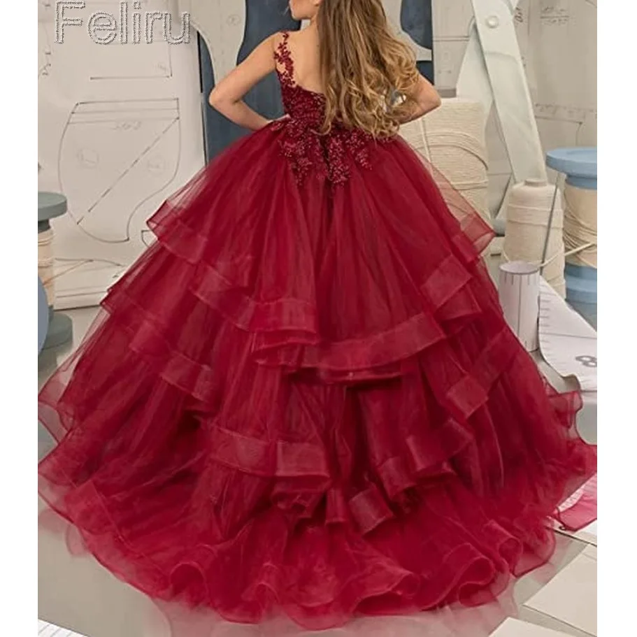 Pageant Scoop Tiered Kids Wine Red Flower Girl Dress For Wedding Pearls Lace First Communion Ruffle Tulle Princess Birthday Gown