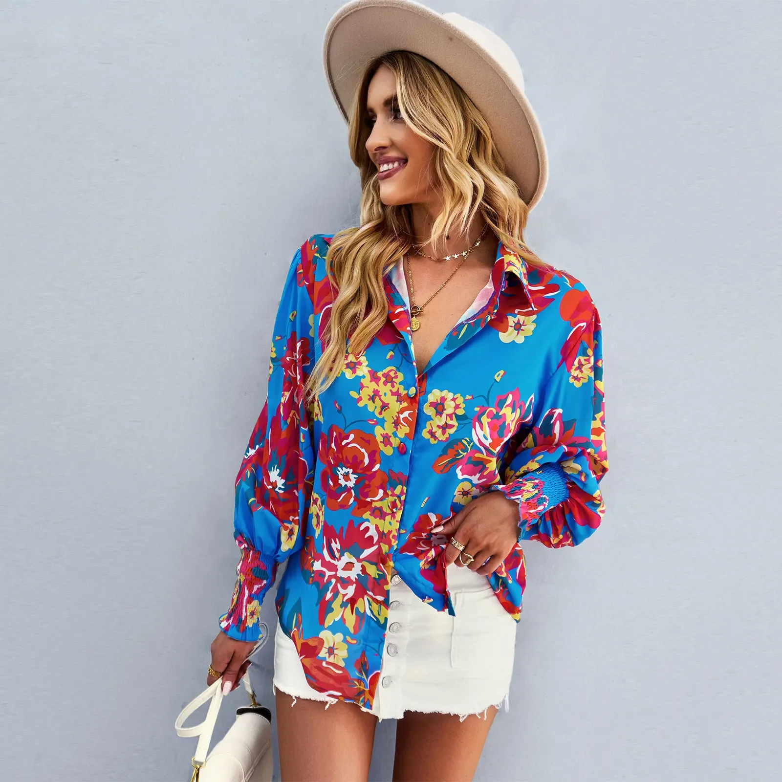 Mode Vrouwen Lange Mouw Kraag Button Up Shirt Lente Losse Bloemenprint Streetwear Beachwear Bloem Shirts Dames