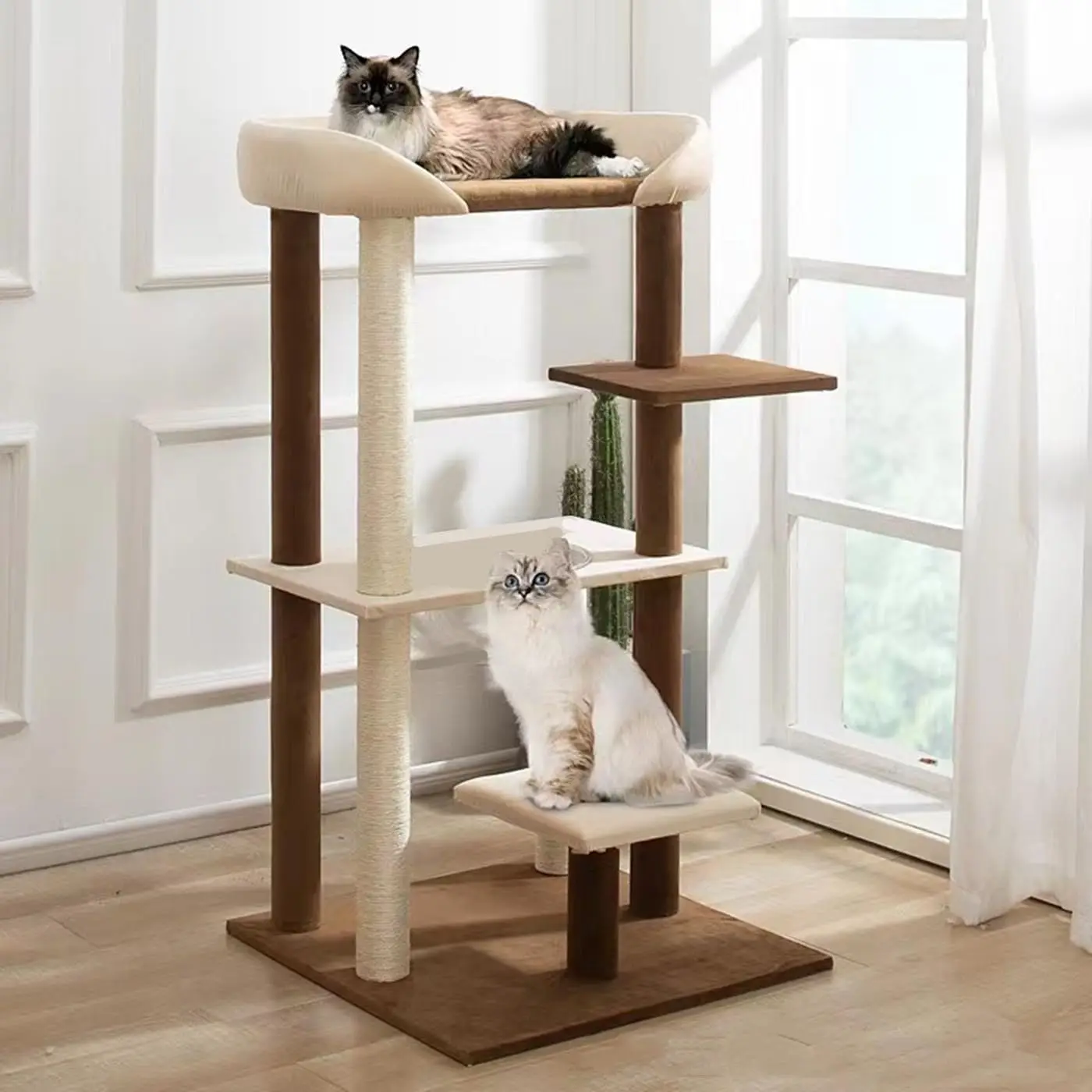Multiple Cats Use, Wood & Fabric, Neutral Colors, Extra Large Platform Perch Bed Cat Tree