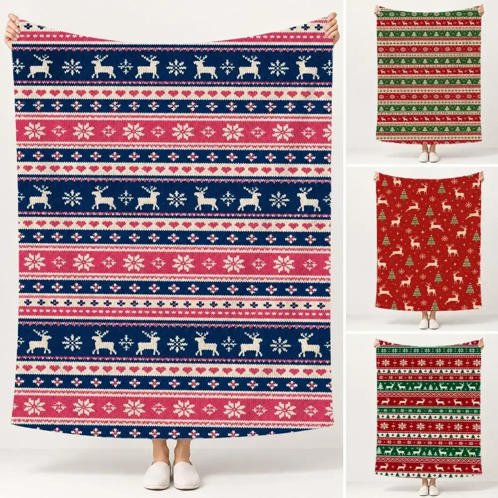 Christmas Plaid Reindeer Scatter Pattern Throw Soft Plush Flannel Pet Blanket, Home Decor Cover for Sofa, Bed, Trip & Picnic