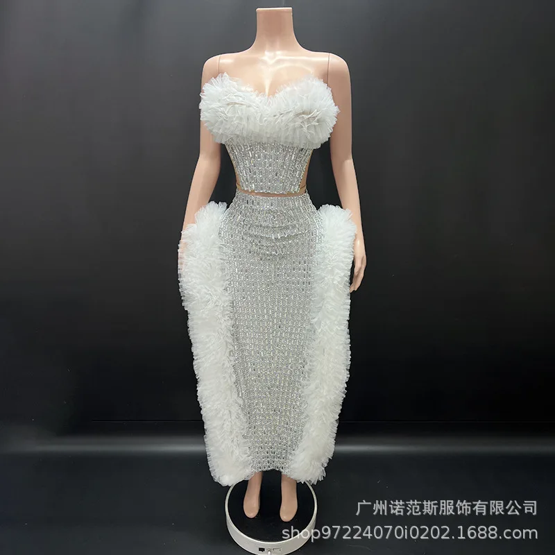 Fashion Silver And White Glam Fish Bone Pinched Waist Dress Birthday High-end Dress Adult Model Catwalk Trendy Clothes Robe Fête