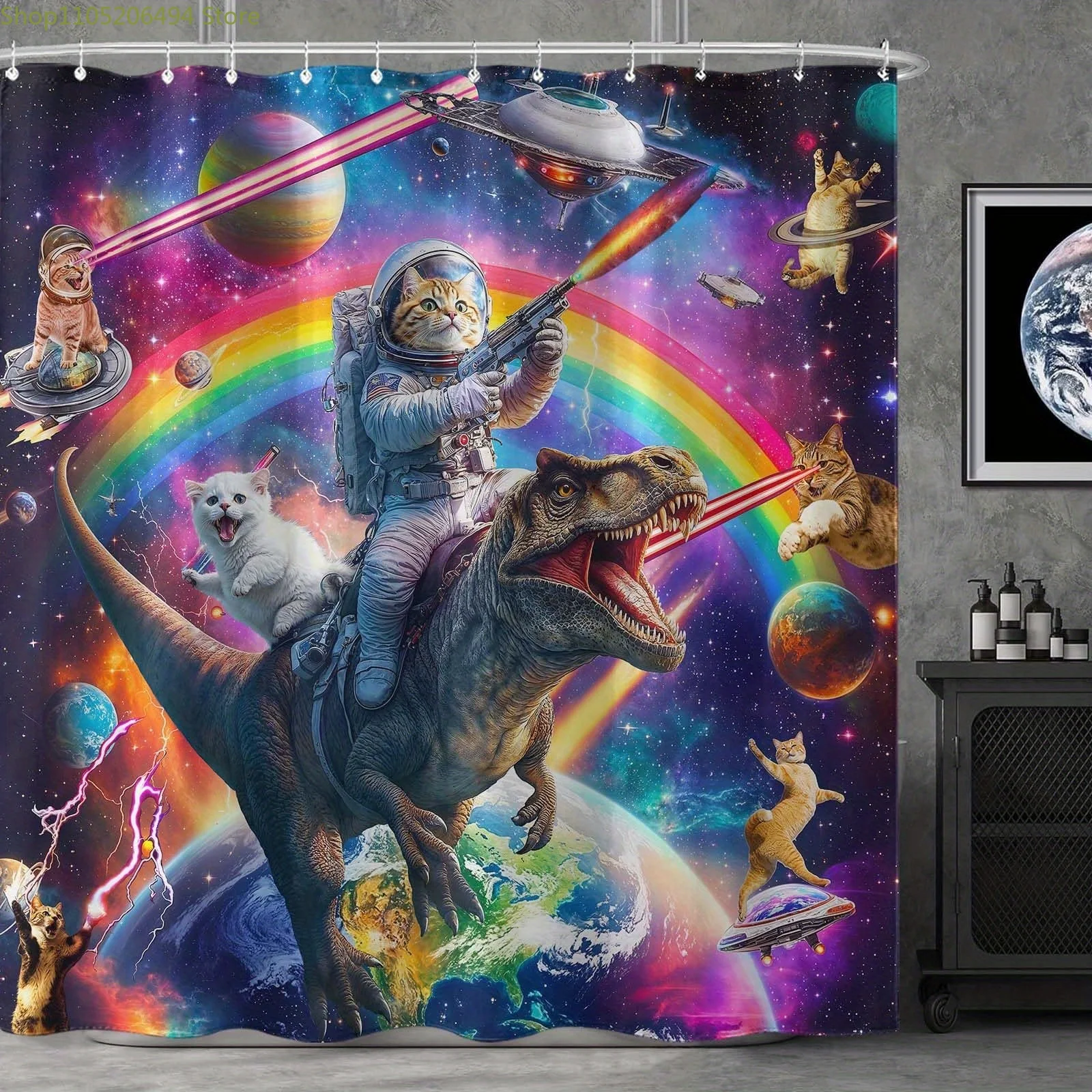 1pc of Cat Riding a Dinosaur Space Adventure Pattern Shower Curtain, Digital Printed Polyester Bathroom Curtain, No Drilling