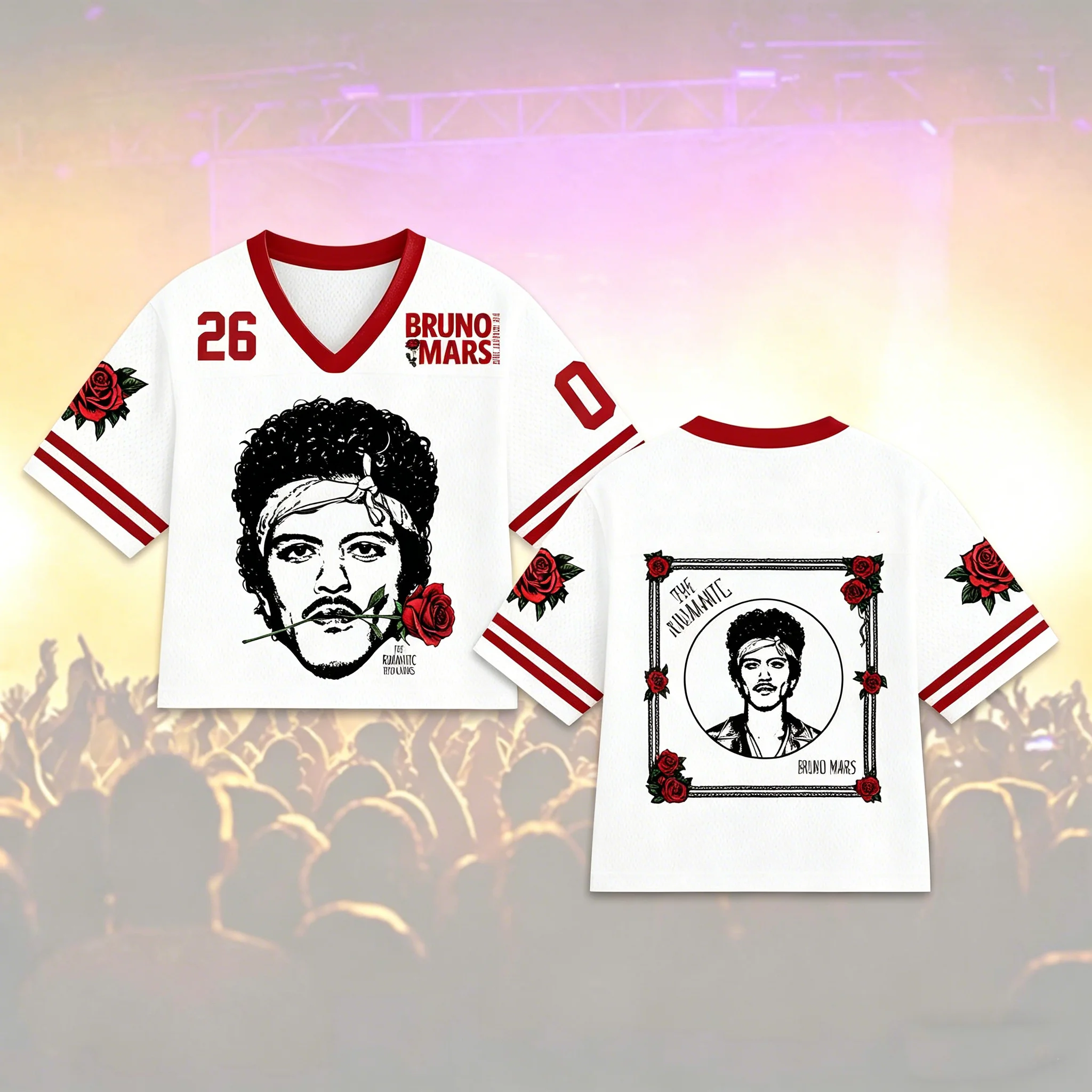 Family Matching V Neck Jersey White Red Stripe Rose Portrait Graphic Front Back Print Short Sleeve Casual Concert Streetwear Tee