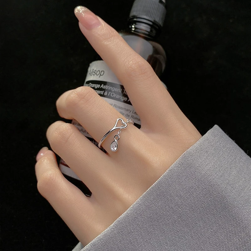 Hot Sale Fashion AAA Zircon Waterdrop Pendant Chain Rings 925 Sterling Silver Adjustable Heart Ring For Women&Girl Jewelry Gift