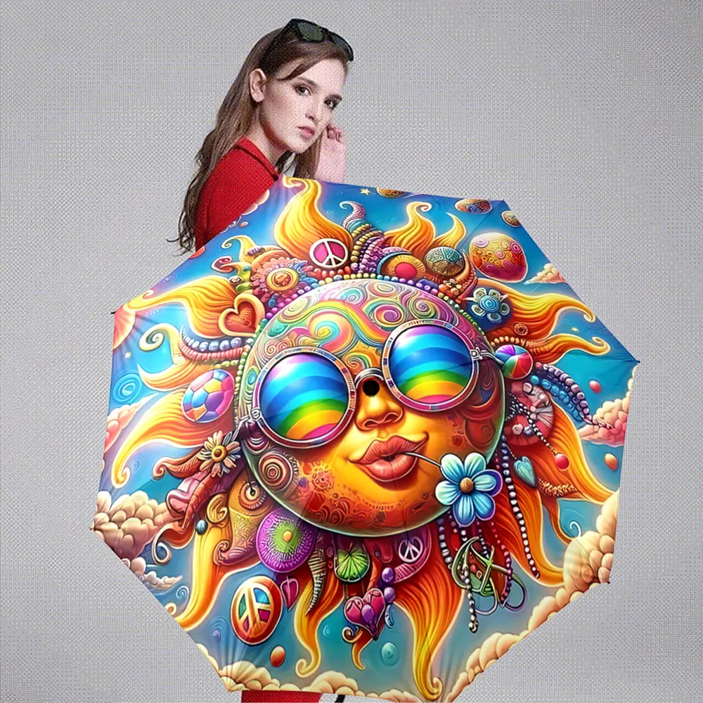 Colorful Psychedelic Sun with Rainbow Glasses and Peace Symbols ,Portable Folding Umbrella, Gift for Family Friends