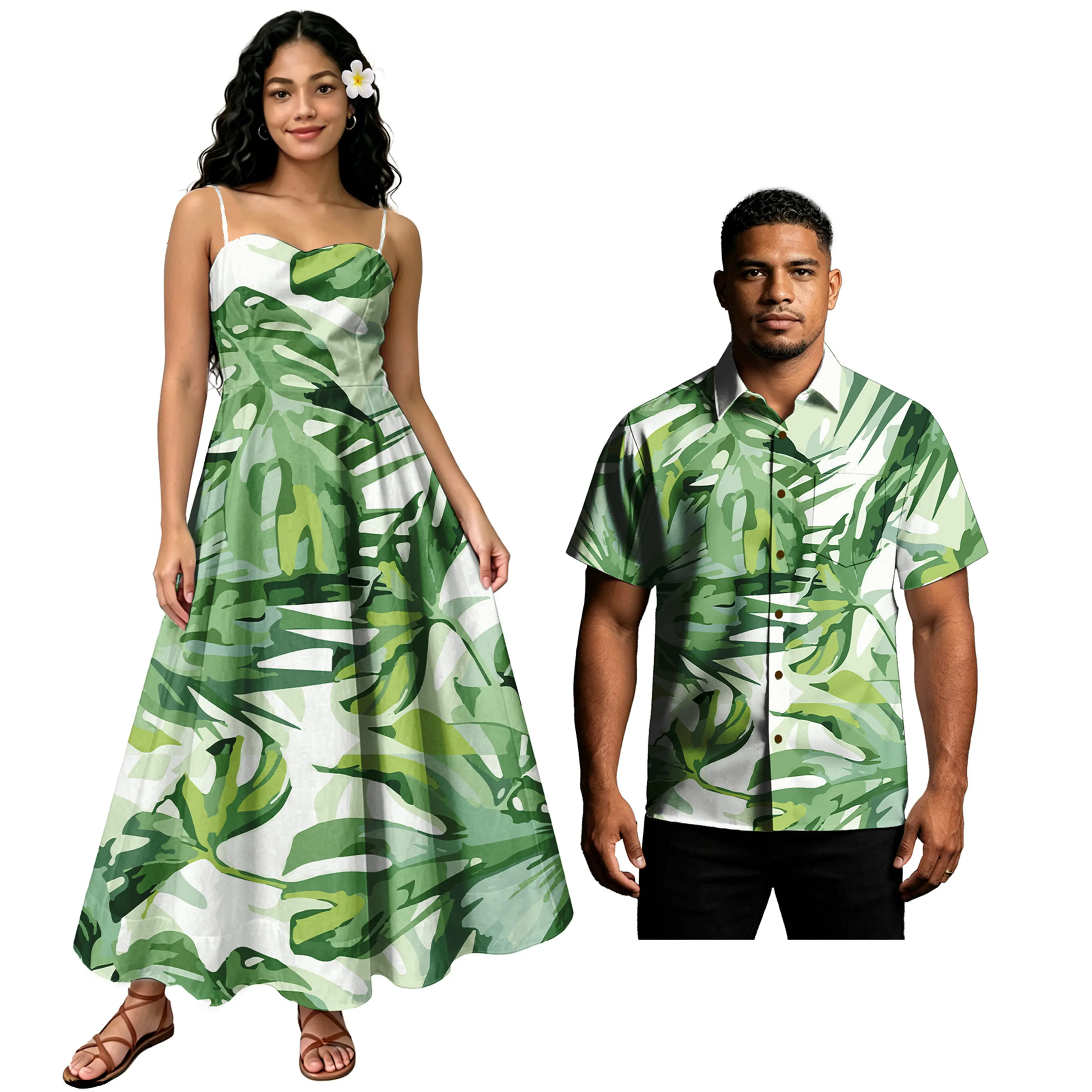 Formal Sets of Couples Turn-down Collar Men Casual Custom Shirts Sweetheart Neckline Floral Print Sling Hawaiian Dress for Women