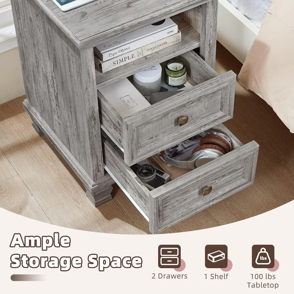 مجموعة منضدة محطة الشحن، طاولات نهائية ذات درجين باللون الرمادي الريفي لغرفة المعيشة وغرفة النوم، طاولات جانبية على طراز المزرعة الحديثة