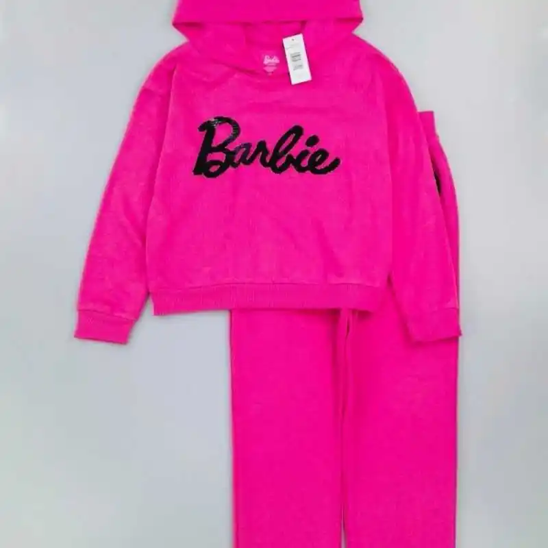 Anime Barbie Children Long sleeved Trousers 2 piece Set Cartoon Cute Girl Fashion Fleece Hooded Tops Kawaii Sport Pullover Pants