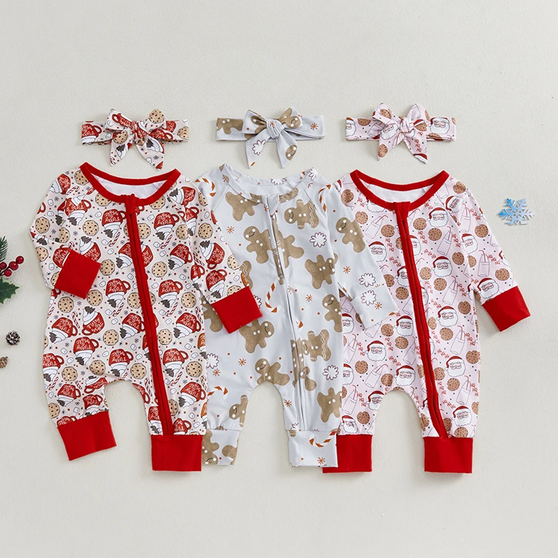 0-18 Months Baby Jumpsuit Long Sleeve Crew Neck Santa Claus Cookie Print Christmas Romper Clothes for Girls Boys