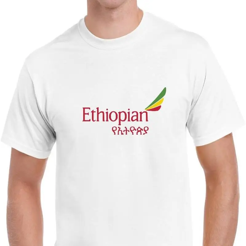 

Белая хлопковая футболка с авиационным логотипом Ethiopian Airlines, красная, желтая, зеленая