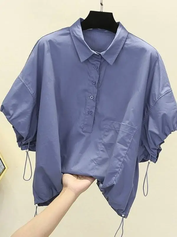 

European Sle Women's Summer irt New Sle ket Five Commute Sle ort Sve Collar Thin Polypropylene Fabric