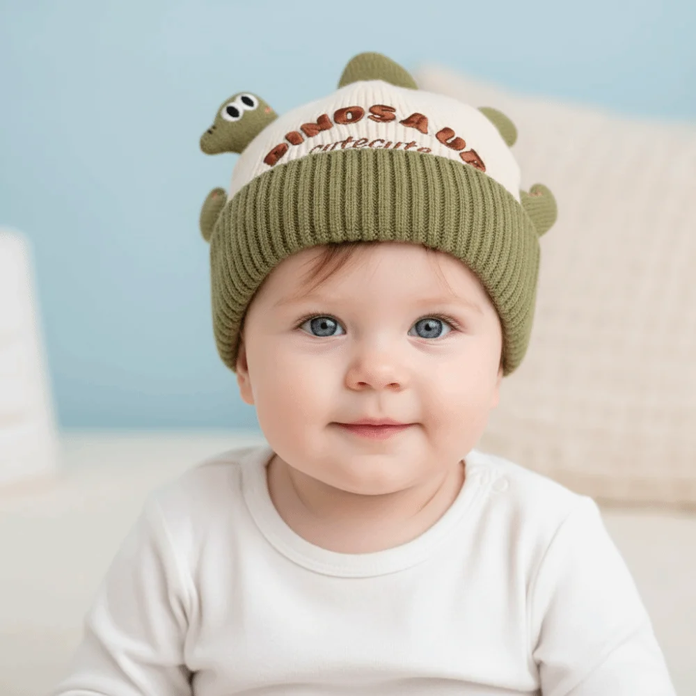 

New Cute Cartoon Dinosaur Kid Pullover Hat Windproof Warm Ear Protection Hat Cold Proof Thickned Knitted Hat Winter
