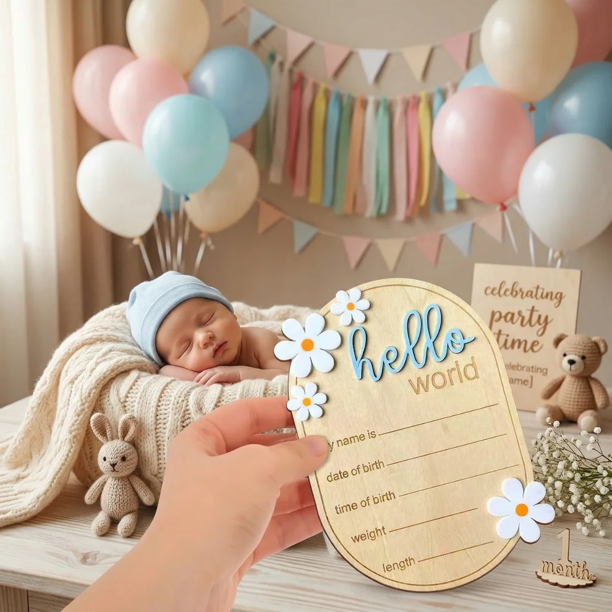 15cm Ovale 3D Naturholz-Plakette mit Erhöhten Acrylbuchstaben und Gänseblümchen-Dekorationen, 'Hello World' Geburtsanzeige, Foto – Detail 3