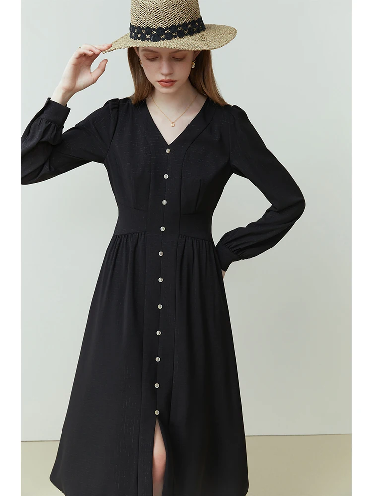 FSLE V-Neck Puff Sleeve Women Solid Temperament Long Dress Single-breasted Button-embellished Spring New Women Office Lady Dress