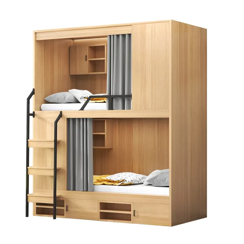 Solid Wood Bunk Bed Full Size Space Capsule Design Heavy Duty Frame for Apartment Hostel Dormitory Rental Easy Assembly No