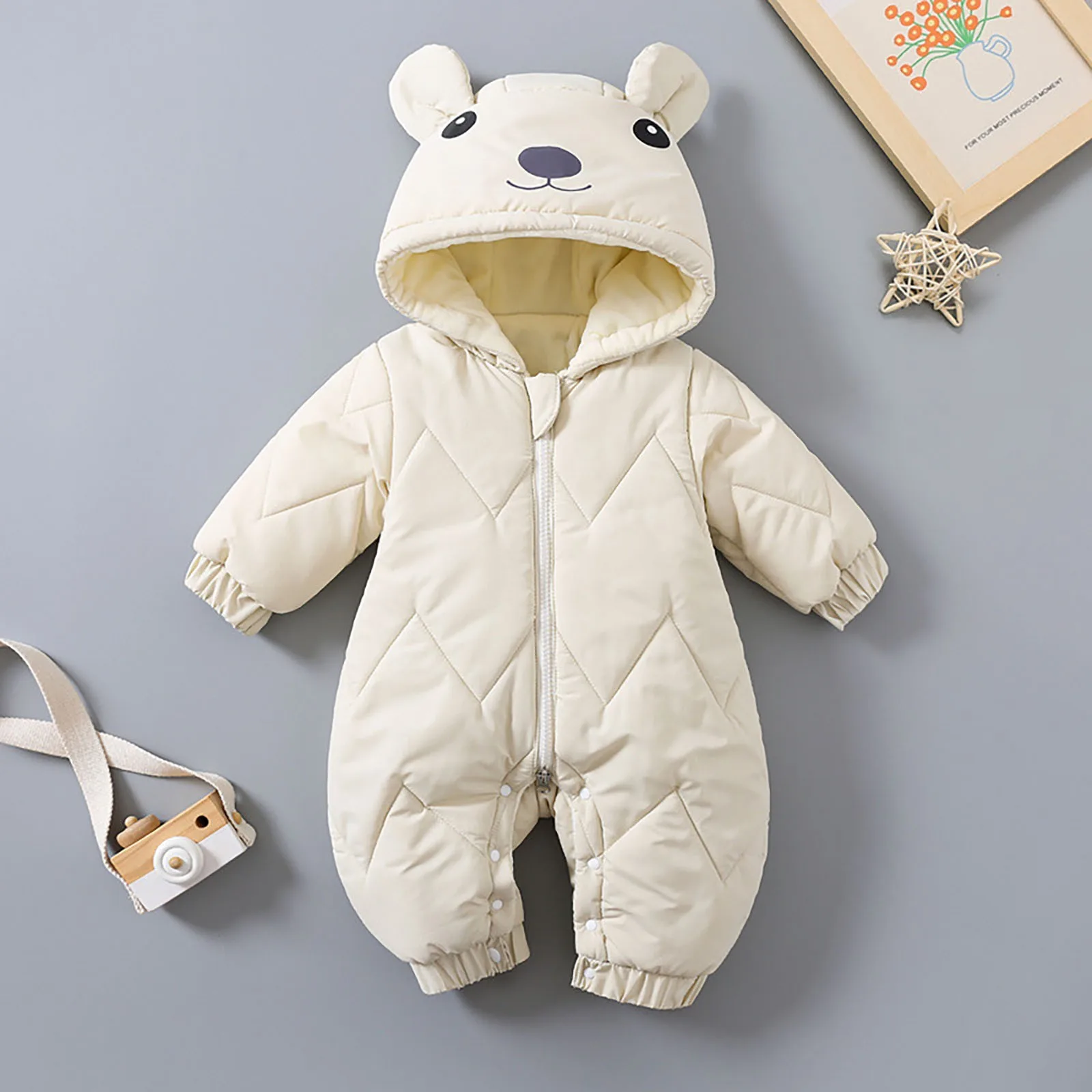 Winter Newborn Romper Thick Plus Cute Bear Baby Clothes Kids Solid Hooded Zipper Cotton Clothes Infant Boys Girls Warm Jumpsuit