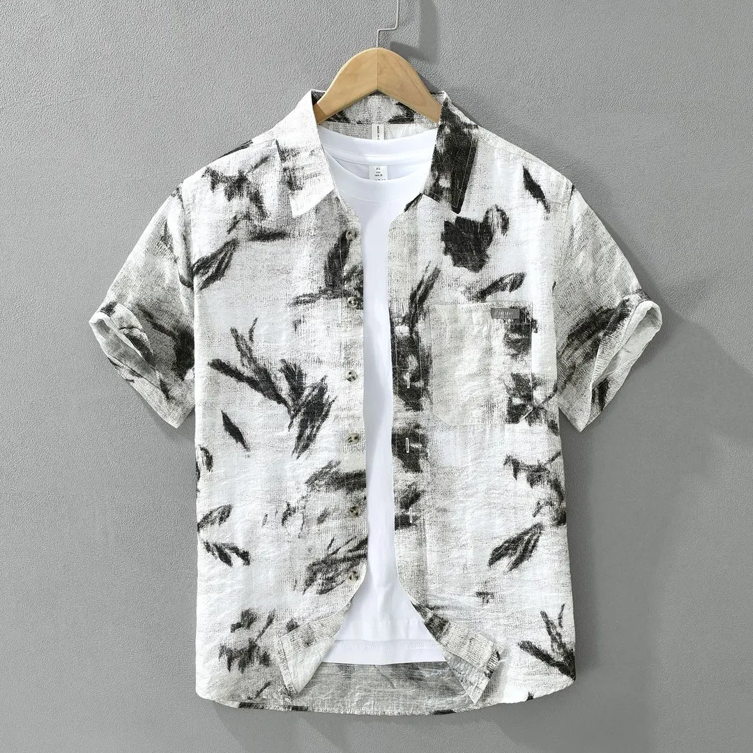 

2026 New Retro Print Short Sleeve Shirt for Men Casual Turn-down Collar Shirts Male Fashion Vintage Men's Shirts