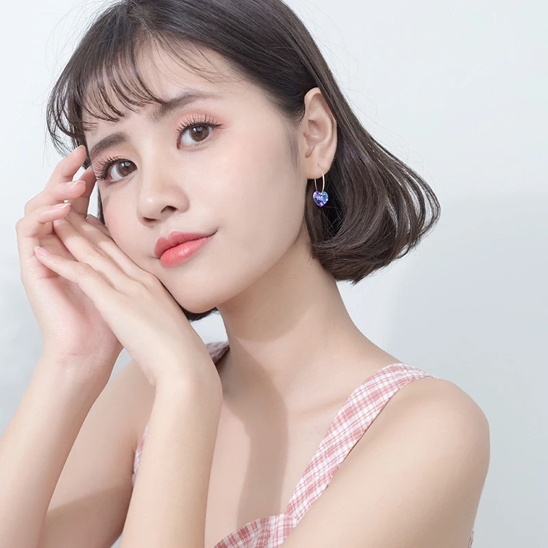 Modian Sparkling Blue Crystal Swing Hoop Earrings For Women Classic Heart 925 Sterling Silver Luxury Jewelry Female Accessories