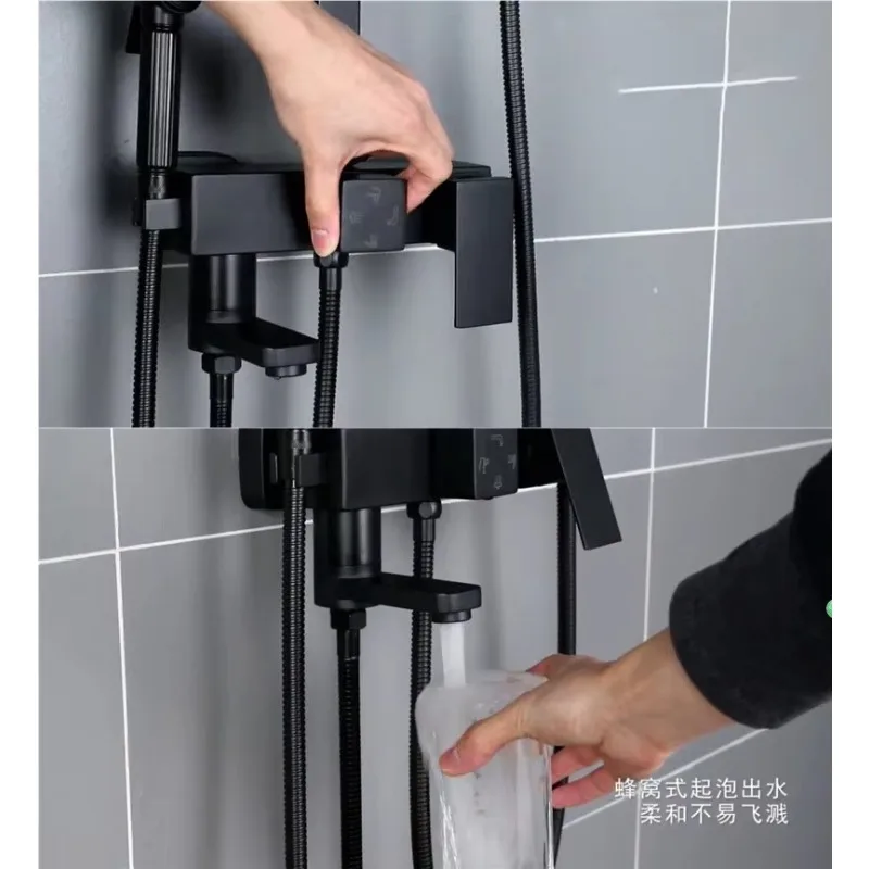 Factory Wholesale Black Brass Shower Faucet Set Bathtub Tap With Bathroom Shelf 4 Functions Height Adjust Shower Mixer