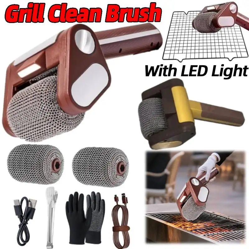 

Electric Cleaning Brush Grill Scrub Cordless Clean Brush Rechargeable with LED Light BBQ Grates Portable Outdoor Roller Cleaner