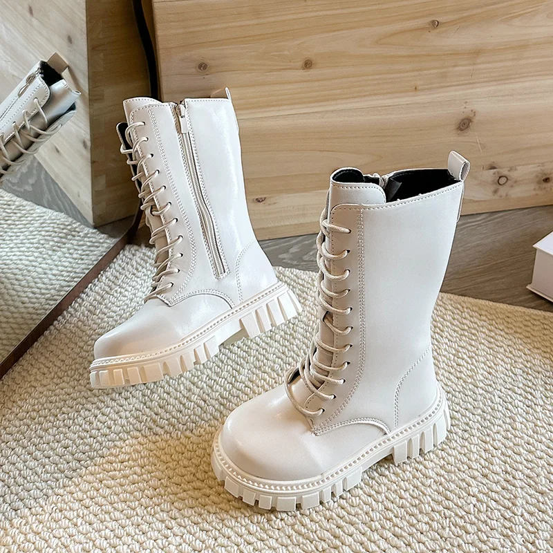 

2025 Fashion Girls Classic Mid-calf Boots Autumn Winter Black Beige Kids Leather Boots Thick Bottom Children's Causal Long Boots