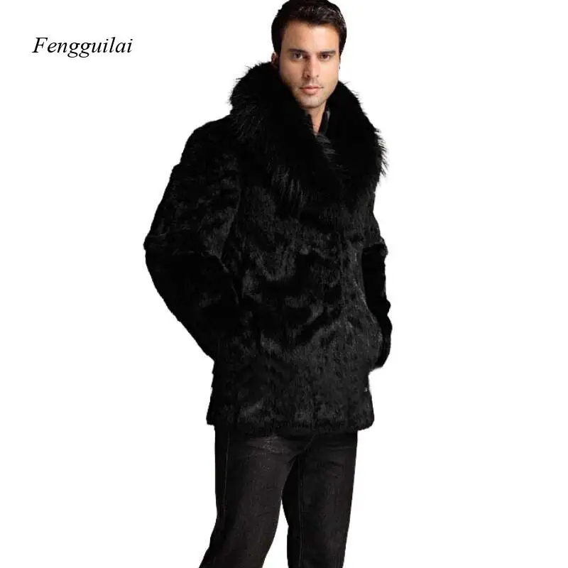 Autumn and Winter Men\'s Fashion Slim Fit Imitation Fur Collar Fur Coat Black Luxury Coat Men