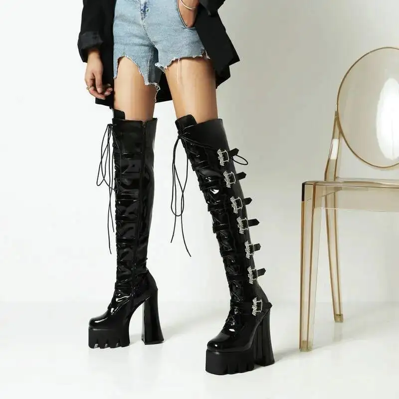 15cm パテントレザー レディース ロングブーツ ロリータ 厚底 超ハイヒール コスプレ パンク風 レースアップ ロングブーツ