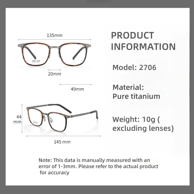 DIEDIESEE Ultra Light Pure Titanium Tortoiseshell Color Eyeglass Frame Men's Square Optical Prescription Eyeglass Frame 2706