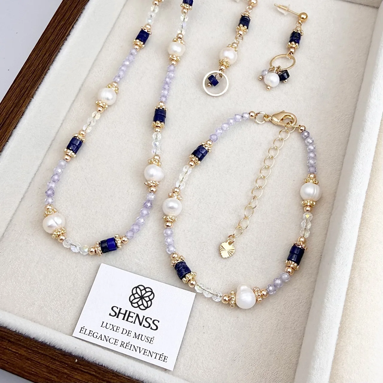 

Lapis Lazuli Lavender Crystal Zircon & Freshwater Pearl Jewelry Set Necklace Bracelet Earrings 3 Piece Set Luxury High-End Style