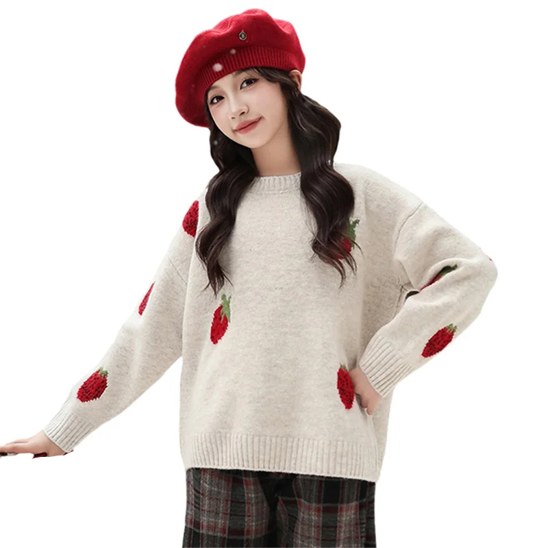 

Elegant Kids Beige Sweater with Strawberries For Girl Slim Fit Outfits Knitted Top Baby Children Pullover Knitwear Age 4-14Y