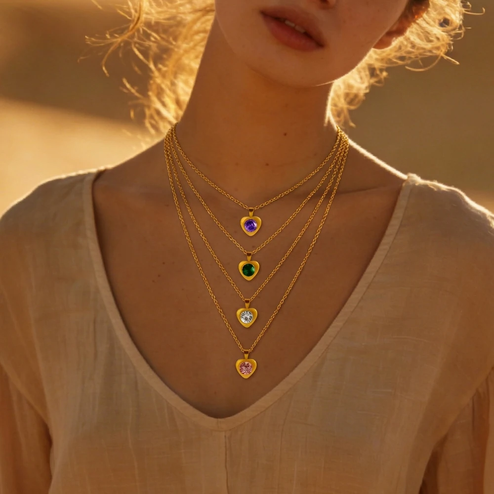 Cross-Border Fashion Baiba 18K Stainless Steel Colorful Zircon Heart-Shaped Necklace Simple and Elegant Clavicle Chain Color-Preserving Jewelry
