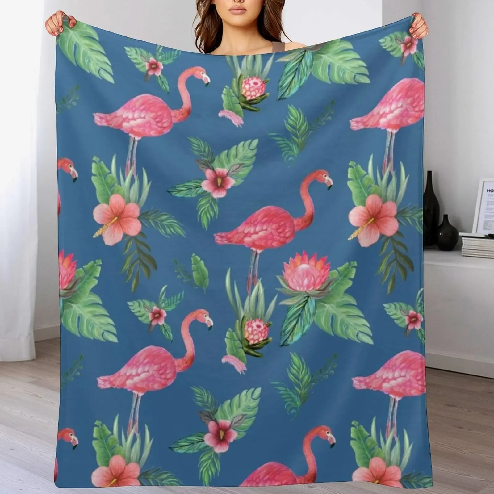 

New Flamingo Watercolor painting with Protea, Hibiscus and Palms by MagentaRose Throw Blanket Sofas Luxury St Nap Cute Blankets