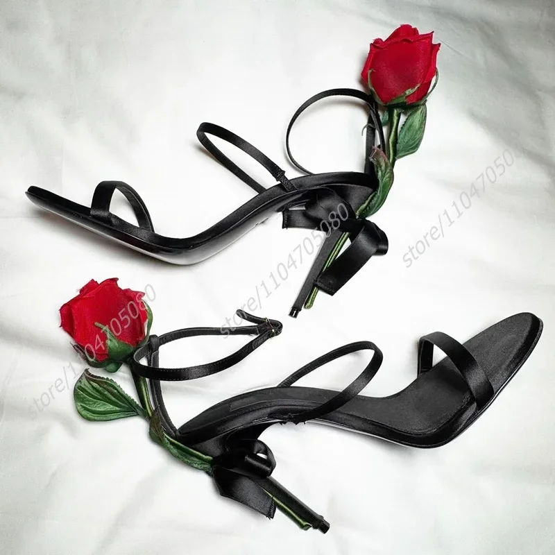 

Long Rose Flower Heel Stiletto Sandals Women Black Leather Open Round Toe Red Hollow Summer Girl Cute Striped Strap Catwalk Shoe