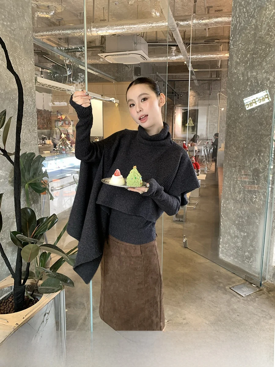 

Женский свитер с высоким воротником, весна-осень, нерегулярный дизайн, капюшон, трикотаж, повседневный свободный крой, эксклюзивный онлайн